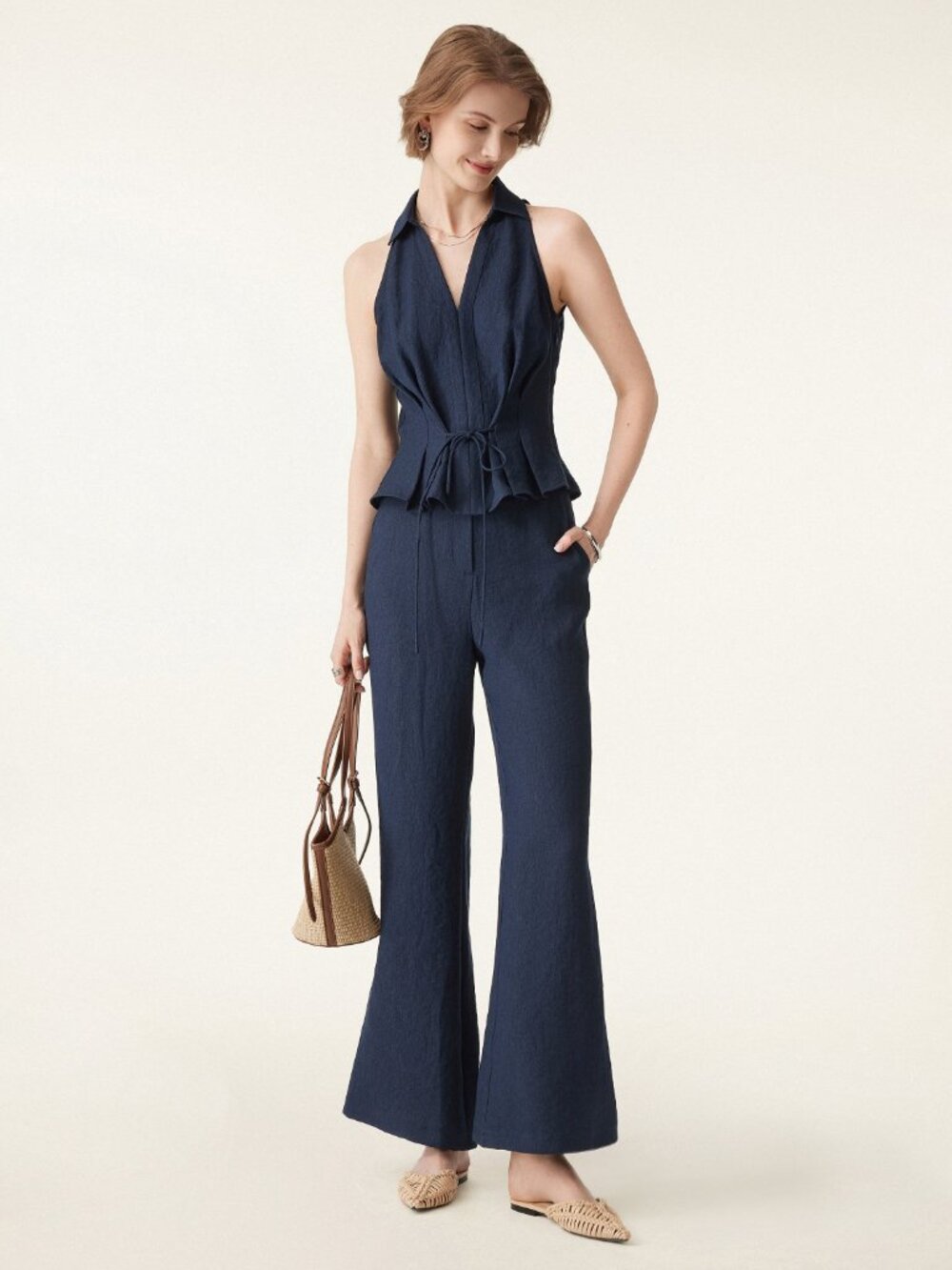 NWT OGL Collared V-neck Pleated Sleeveless Top with Drawstring Denim Navy #A6001